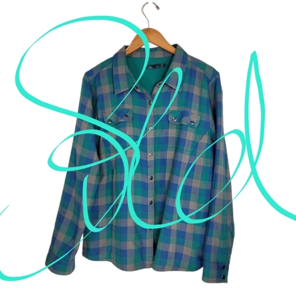 Prana Jackets & Blazers - XL Prana Plaid Shacket 100% Organic Cotton Waffle Knit Lining Teal Green & Blue